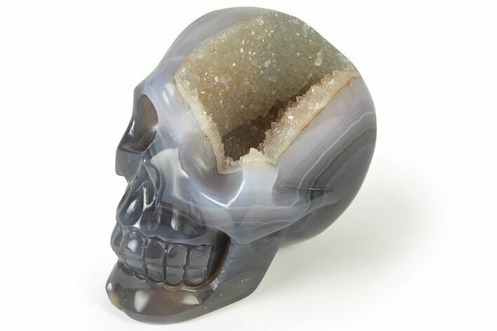 Polished Banded Agate Skull with Quartz Crystal Pocket #237060